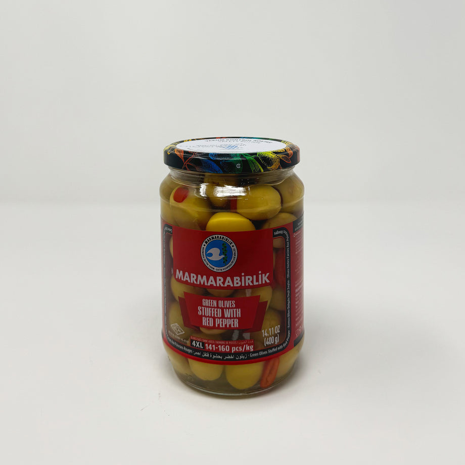 Marmarabirlik Green Olives stuffed W/red pepper 4XL 400g – Two